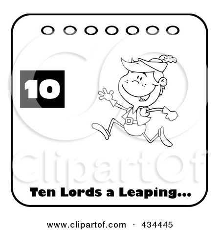 Royalty-Free (RF) Clipart Illustration of a Black And White Lord Leaping On A Christmas Calendar With Text And Number Ten by Hit Toon