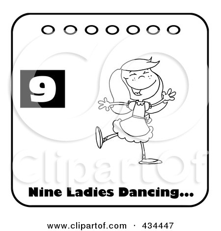 Royalty-Free (RF) Clipart Illustration of a Black And White Lady Dancing On A Christmas Calendar With Text And Number Nine by Hit Toon