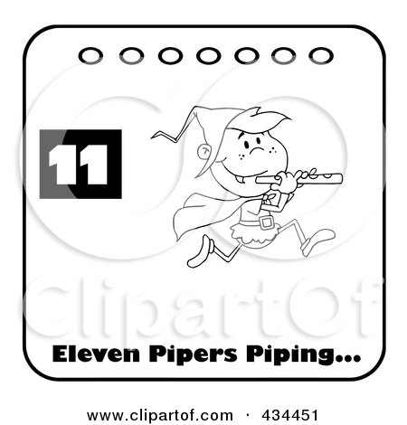 Royalty-Free (RF) Clipart Illustration of a Black And White Piper Piping On A Christmas Calendar With Text And Number Eleven by Hit Toon