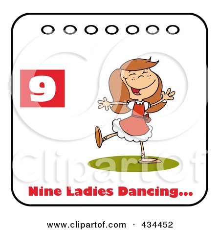 Royalty-Free (RF) Clipart Illustration of a Lady Dancing On A Christmas Calendar With Text And Number Nine by Hit Toon