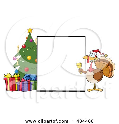 Royalty-Free (RF) Clipart Illustration of a Blank Sign By A Christmas Tree With A Bell Ringer Turkey by Hit Toon