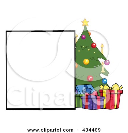 Royalty-Free (RF) Clipart Illustration of a Blank Sign By A Christmas Tree With Gifts by Hit Toon