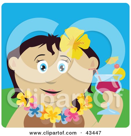 Clipart Illustration of a Mexican Woman In A Hawaiian Lei, Drinking A Cocktail On Vacation by Dennis Holmes Designs