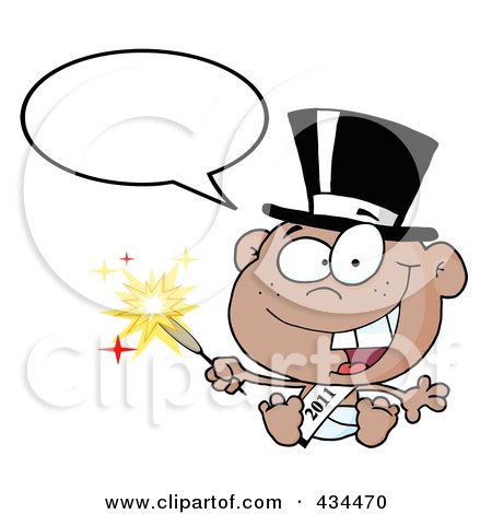 Royalty-Free (RF) Clipart Illustration of a Black New Year Baby Holding A Sparkler, With A Word Balloon by Hit Toon