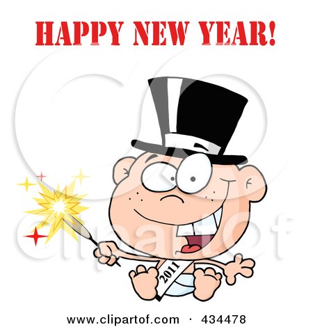 Royalty-Free (RF) Clipart Illustration of a New Year Baby Holding A Sparkler With Happy New Year Text by Hit Toon