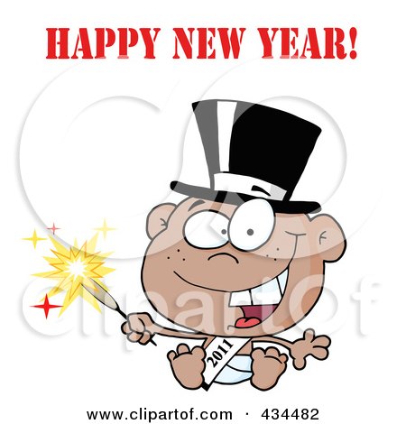 Royalty-Free (RF) Clipart Illustration of a Black New Year Baby Holding A Sparkler With Happy New Year Text by Hit Toon