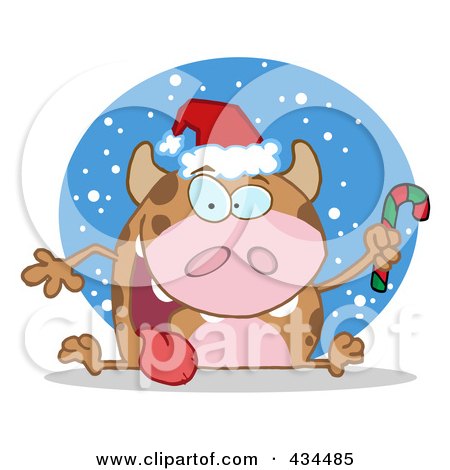 Royalty-Free (RF) Clipart Illustration of a Christmas Cow Holding A Candycane In The Snow by Hit Toon