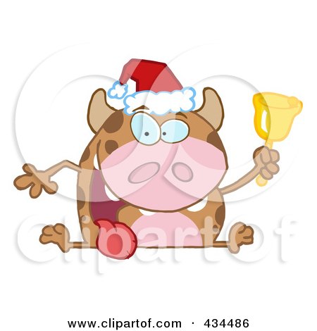 Royalty-Free (RF) Clipart Illustration of a Christmas Cow Ringing A Bell by Hit Toon