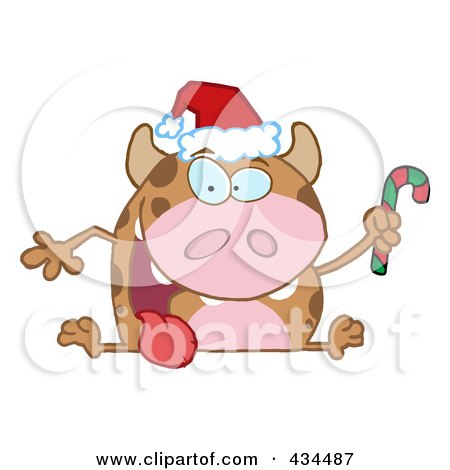Royalty-Free (RF) Clipart Illustration of a Christmas Cow Holding A Candycane by Hit Toon