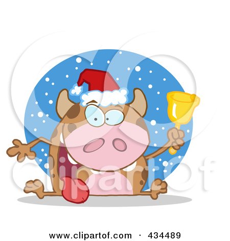 Royalty-Free (RF) Clipart Illustration of a Christmas Cow Ringing A Bell In The Snow by Hit Toon