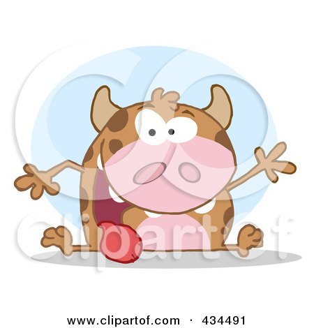 Royalty-Free (RF) Clipart Illustration of a Happy Cow Waving Over A Blue Circle by Hit Toon