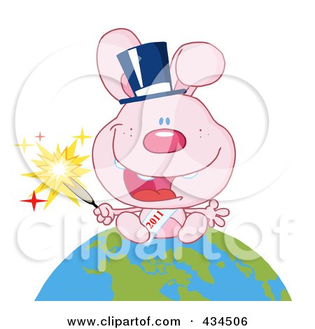 Royalty-Free (RF) Clipart Illustration of a 2011 New Year Rabbit Holding A Sparkler And Sitting On The Globe - 1 by Hit Toon