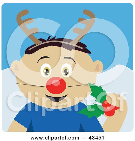 Clipart Illustration of a Mexican Boy Holding Christmas Holly And Wearing A Red Nose And Antlers by Dennis Holmes Designs