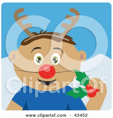 Clipart Illustration of a Latin American Boy Holding Christmas Holly And Wearing A Red Nose And Antlers by Dennis Holmes Designs