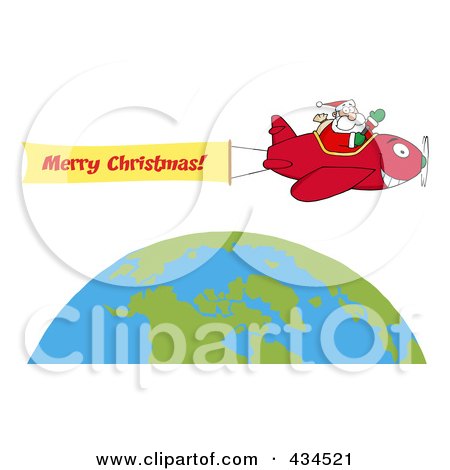 Royalty-Free (RF) Clipart Illustration of Santa Flying A Plane Banner Over The Globe - 2 by Hit Toon