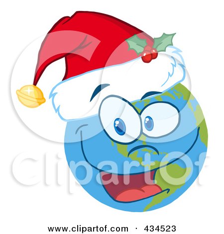 Royalty-Free (RF) Clipart Illustration of a Christmas Earth Smiling And Wearing A Santa Hat by Hit Toon