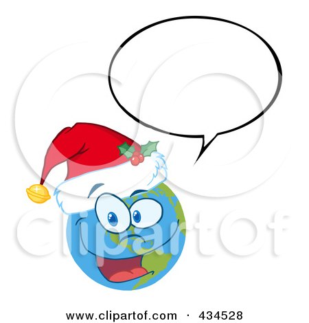 Royalty-Free (RF) Clipart Illustration of a Christmas Earth Wearing A Santa Hat, With A Word Balloon by Hit Toon