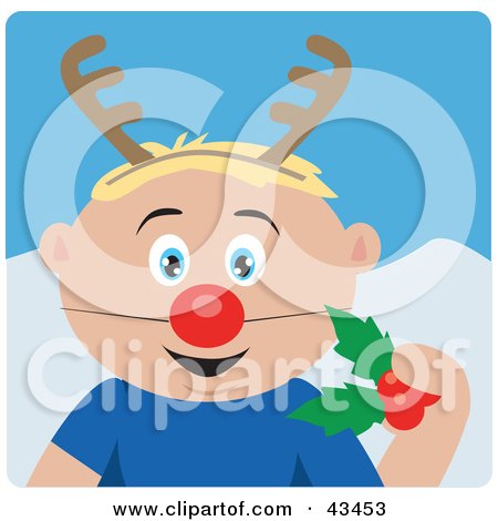 Clipart Illustration of a Caucasian Boy Holding Christmas Holly And Wearing A Red Nose And Antlers by Dennis Holmes Designs