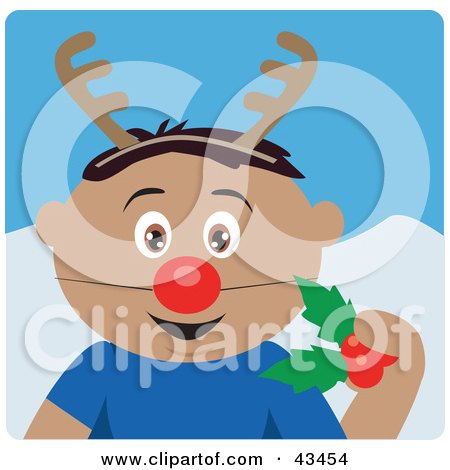 Clipart Illustration of a Hispanic Boy Holding Christmas Holly And Wearing A Red Nose And Antlers by Dennis Holmes Designs