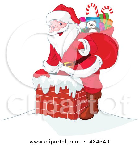 Royalty-Free (RF) Clipart Illustration of Santa Climbing Into A Brick Chimney With A Sack Full Of Toys by Pushkin