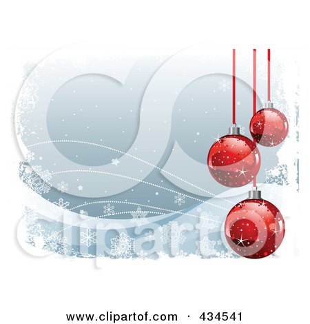 Royalty-Free (RF) Clipart Illustration of a Gray Christmas Background Of Red Baubles And Waves Of Snowflakes With White Grunge Borders by Pushkin