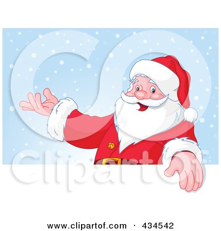 Royalty-Free (RF) Clipart Illustration of Santa Presenting With One Hand Over A Blank Sign Against Snow by Pushkin