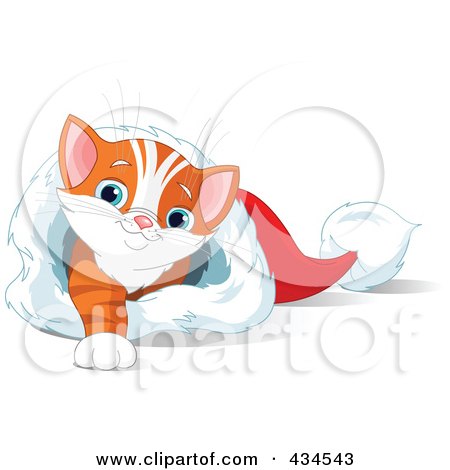 Royalty-Free (RF) Clipart Illustration of a Cute Orange Kitten Reaching A Paw And Resting In A Christmas Stocking by Pushkin