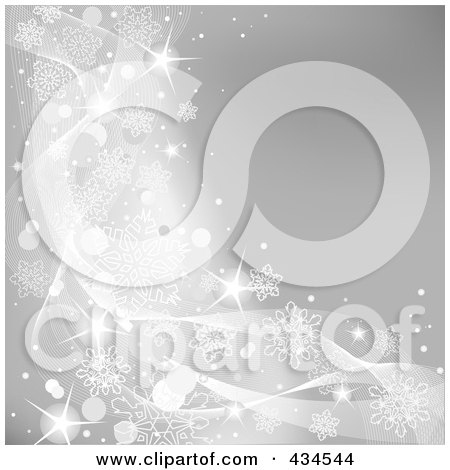 Royalty-Free (RF) Clipart Illustration of a Silver Background Of Snowflake Waves And Sparkles by Pushkin