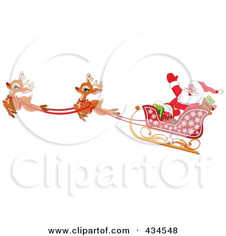 Royalty-Free (RF) Clipart Illustration of Santa Waving And Flying Past In His Sleigh With Two Reindeer by Pushkin