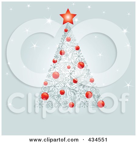 Royalty-Free (RF) Clipart Illustration of a Christmas Tree Of Red Baubles And Swirl Designs And A Red Star Over Sparkly Gray by Pushkin