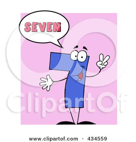 Royalty-Free (RF) Clipart Illustration of a Number Seven Character With A Word Balloon Over Pink by Hit Toon