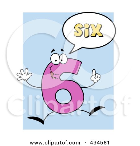 Royalty-Free (RF) Clipart Illustration of a Number Six Character With A Word Balloon Over Blue by Hit Toon