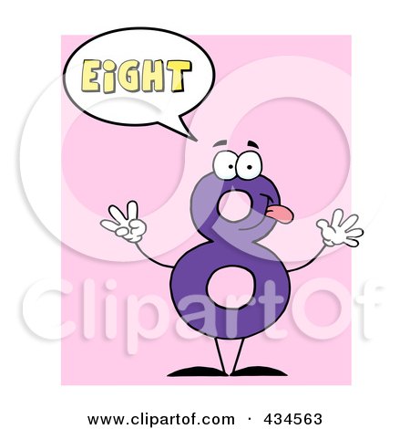 Royalty-Free (RF) Clipart Illustration of a Number Eight Character With A Word Balloon Over Pink by Hit Toon