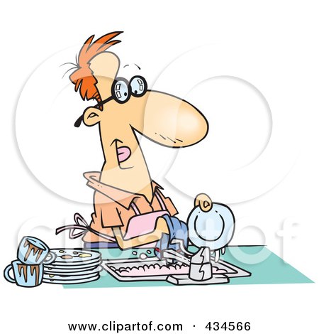 Royalty-Free (RF) Clipart Illustration of a Stay At Home Dad Washing The Dirty Dishes by toonaday