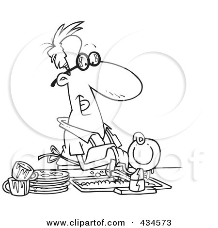 Royalty-Free (RF) Clipart Illustration of a Line Art Design Of A Stay At Home Dad Washing The Dirty Dishes by toonaday