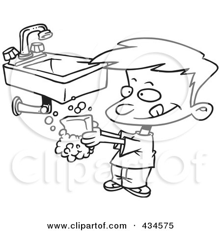 Royalty-Free (RF) Clipart Illustration of a Line Art Design Of A Boy Washing His Hands With Soap by toonaday