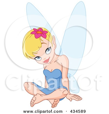 Royalty-Free (RF) Clipart Illustration of a Cute Blond Fairy Girl In A Blue Dress, Sitting, A Pink Flower In Her Hair by yayayoyo