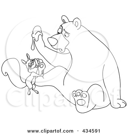Royalty-Free (RF) Clipart Illustration of an Outline Of A Squirrel Hugging A Bear's Foot by yayayoyo