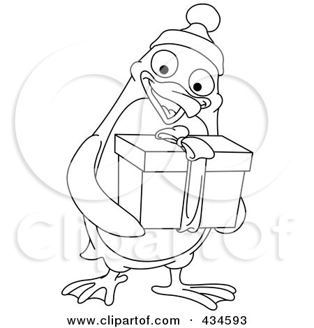 Royalty-Free (RF) Clipart Illustration of an Outline Of A Christmas Penguin Giving A Present by yayayoyo