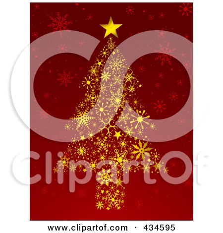 Royalty-Free (RF) Clipart Illustration of a Gold Snowflake Christmas Tree On Red by BNP Design Studio