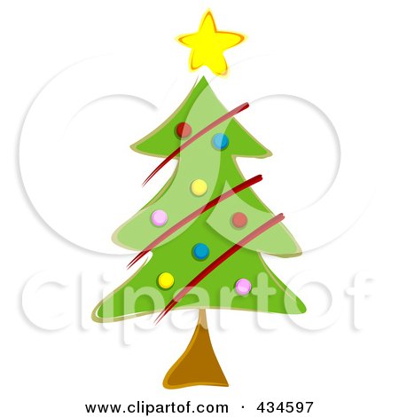 Royalty-Free (RF) Clipart Illustration of a Christmas Tree Adorned In Red Garland And Colorful Baubles by BNP Design Studio