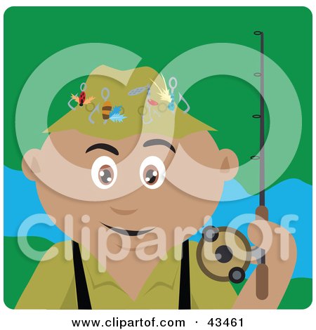 Clipart Illustration of a Hispanic Man Fishing And Holding His Pole by Dennis Holmes Designs