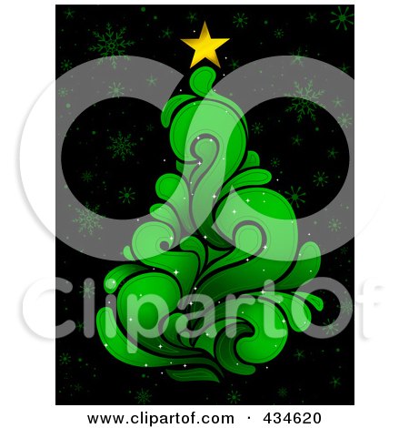 Royalty-Free (RF) Clipart Illustration of a Green Splash Christmas Tree On Black With Snowflakes by BNP Design Studio