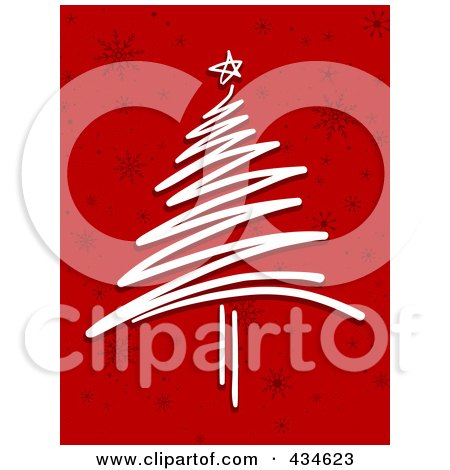 Royalty-Free (RF) Clipart Illustration of a White Scribble Christmas Tree On Red Snowflake Pattern by BNP Design Studio
