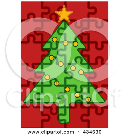 Royalty-Free (RF) Clipart Illustration of a Puzzle Christmas Tree With Red Garland On Red by BNP Design Studio
