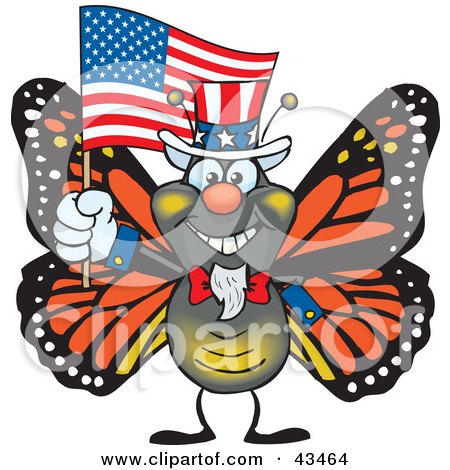 Clipart Illustration of a Patriotic Uncle Sam Monarch Butterfly Waving An American Flag On Independence Day by Dennis Holmes Designs