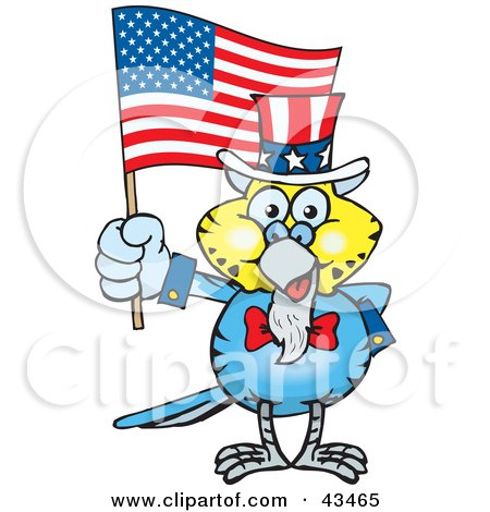 Clipart Illustration of a Patriotic Uncle Sam Budgie Waving An American Flag On Independence Day by Dennis Holmes Designs