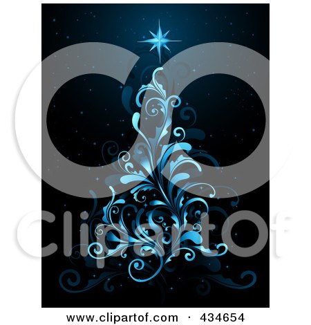 Royalty-Free (RF) Clipart Illustration of a Blue Flourish Christmas Tree On Black by BNP Design Studio