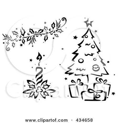 Royalty-Free (RF) Clipart Illustration of a Digital Collage Of A Black And White Stenciled Christmas Garland, Candle And Tree by BNP Design Studio