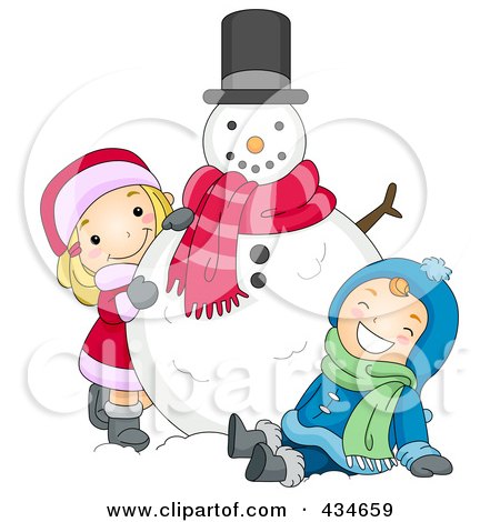 Royalty-Free (RF) Clipart Illustration of a Boy And Girl Playing With A Snowman by BNP Design Studio